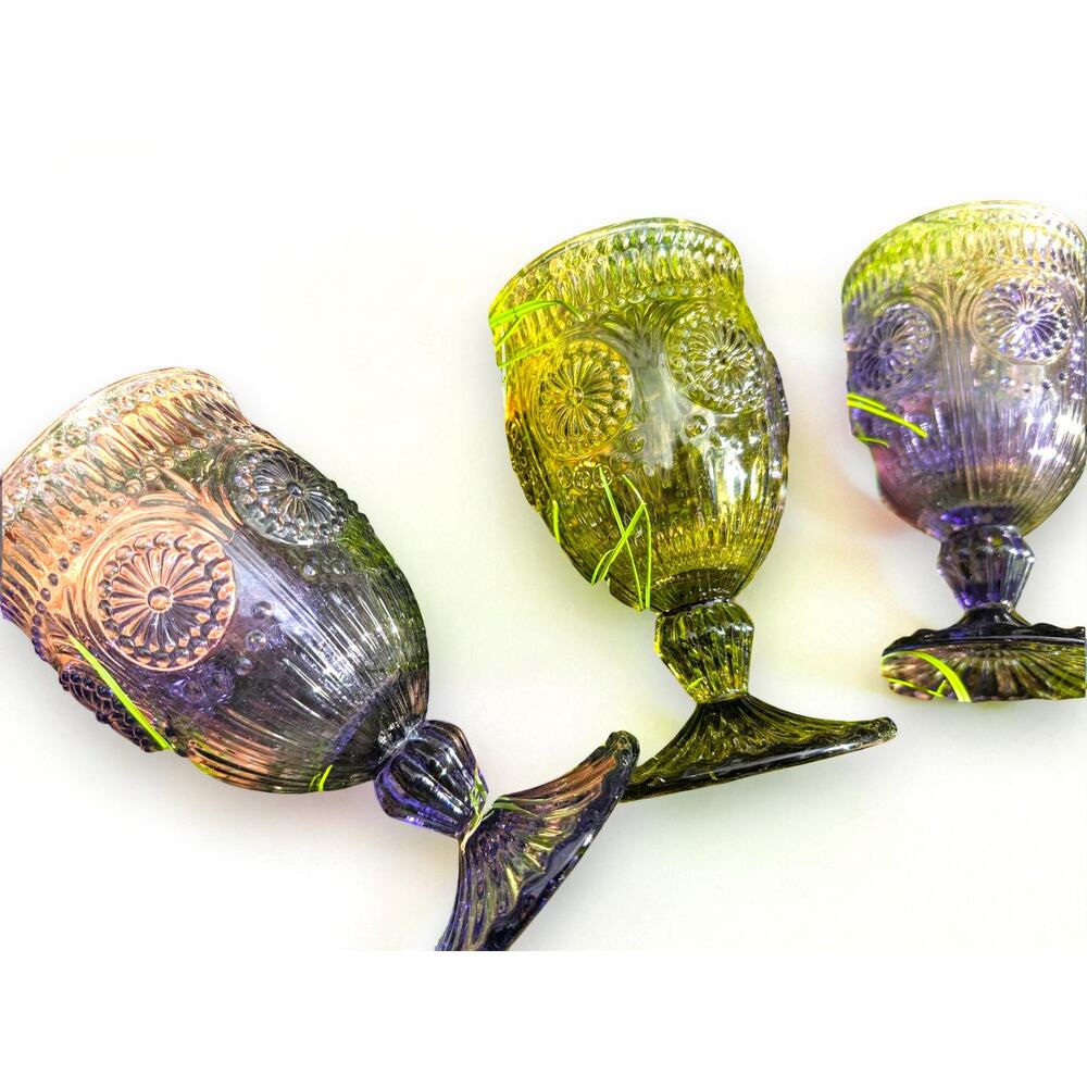 Vintage-Style Pressed Glass Goblets – Set of 6 (Pink, Purple, Green, Blue)